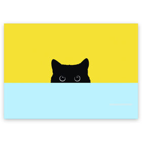 Поздравительная открытка с принтом Кот в засаде в Тюмени, 100% бумага | плотность бумаги 280 г/м2, матовая, на обратной стороне линовка и место для марки
 | в засаде | выжидает | кот на охоте | кошка на охоте | охота | чёрная кошка | чёрный кот