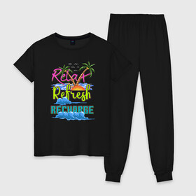 Женская пижама хлопок с принтом 8 бит Отпуск в Тюмени, 100% хлопок | брюки и футболка прямого кроя, без карманов, на брюках мягкая резинка на поясе и по низу штанин | 8 bit | 8bit | art | cloud | island | ocean | palm | pixel | pixelart | recharge | refresh | relax | sea | sun | vacation | арт | зарядка | море | облака | обновление | океан | остров | пальмы | перезарядка | пиксели | пиксель | пиксельная |