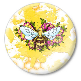 Значок с принтом Пчела в Тюмени,  металл | круглая форма, металлическая застежка в виде булавки | крылья | мёд | оса | пчела | пчёлы | соты | цветы