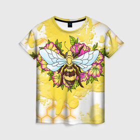 Женская футболка 3D с принтом Пчела в Тюмени, 100% полиэфир ( синтетическое хлопкоподобное полотно) | прямой крой, круглый вырез горловины, длина до линии бедер | крылья | мёд | оса | пчела | пчёлы | соты | цветы