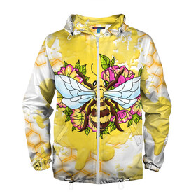 Мужская ветровка 3D с принтом Пчела в Тюмени, 100% полиэстер | подол и капюшон оформлены резинкой с фиксаторами, два кармана без застежек по бокам, один потайной карман на груди | крылья | мёд | оса | пчела | пчёлы | соты | цветы