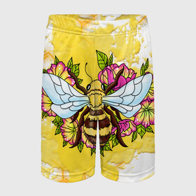 Детские спортивные шорты 3D с принтом Пчела в Тюмени,  100% полиэстер
 | пояс оформлен широкой мягкой резинкой, ткань тянется
 | Тематика изображения на принте: крылья | мёд | оса | пчела | пчёлы | соты | цветы