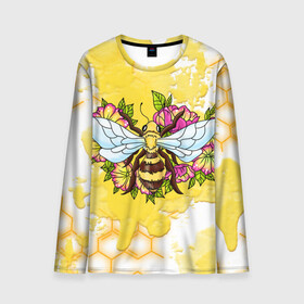Мужской лонгслив 3D с принтом Пчела в Тюмени, 100% полиэстер | длинные рукава, круглый вырез горловины, полуприлегающий силуэт | Тематика изображения на принте: крылья | мёд | оса | пчела | пчёлы | соты | цветы