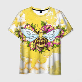 Мужская футболка 3D с принтом Пчела в Тюмени, 100% полиэфир | прямой крой, круглый вырез горловины, длина до линии бедер | Тематика изображения на принте: крылья | мёд | оса | пчела | пчёлы | соты | цветы