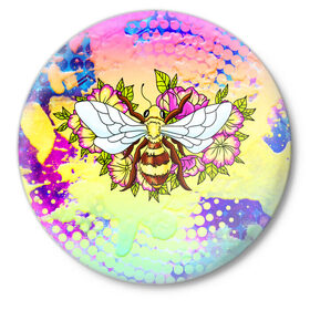 Значок с принтом Пчела и цветы в Тюмени,  металл | круглая форма, металлическая застежка в виде булавки | Тематика изображения на принте: космос | пчела | пчёлка | пчёлы | туманность | цветы