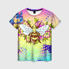 Женская футболка 3D с принтом Пчела и цветы в Тюмени, 100% полиэфир ( синтетическое хлопкоподобное полотно) | прямой крой, круглый вырез горловины, длина до линии бедер | космос | пчела | пчёлка | пчёлы | туманность | цветы