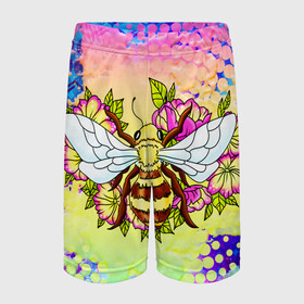 Детские спортивные шорты 3D с принтом Пчела и цветы в Тюмени,  100% полиэстер
 | пояс оформлен широкой мягкой резинкой, ткань тянется
 | Тематика изображения на принте: космос | пчела | пчёлка | пчёлы | туманность | цветы