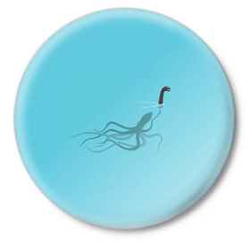 Значок с принтом Тайна Лох-несского чудовища в Тюмени,  металл | круглая форма, металлическая застежка в виде булавки | арт | море | осьминог | рисунок | синий | шутка