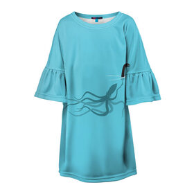 Детское платье 3D с принтом Тайна Лох-несского чудовища в Тюмени, 100% полиэстер | прямой силуэт, чуть расширенный к низу. Круглая горловина, на рукавах — воланы | Тематика изображения на принте: арт | море | осьминог | рисунок | синий | шутка