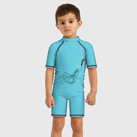 Детский купальный костюм 3D с принтом Тайна Лох-несского чудовища в Тюмени, Полиэстер 85%, Спандекс 15% | застежка на молнии на спине | арт | море | осьминог | рисунок | синий | шутка