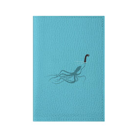 Обложка для паспорта матовая кожа с принтом Тайна Лох-несского чудовища в Тюмени, натуральная матовая кожа | размер 19,3 х 13,7 см; прозрачные пластиковые крепления | Тематика изображения на принте: арт | море | осьминог | рисунок | синий | шутка