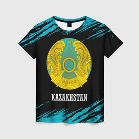 Женская футболка 3D с принтом KAZAKHSTAN / КАЗАХСТАН в Тюмени, 100% полиэфир ( синтетическое хлопкоподобное полотно) | прямой крой, круглый вырез горловины, длина до линии бедер | flag | kazakhstan | qazaqstan | герб | захах | казахстан | кахахи | лого | нур султан | республика | символ | страна | флаг