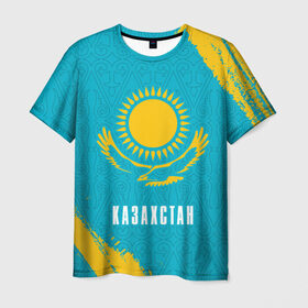 Мужская футболка 3D с принтом КАЗАХСТАН / KAZAKHSTAN в Тюмени, 100% полиэфир | прямой крой, круглый вырез горловины, длина до линии бедер | Тематика изображения на принте: flag | kazakhstan | qazaqstan | герб | захах | казахстан | кахахи | лого | нур султан | республика | символ | страна | флаг