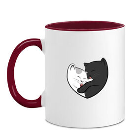 Кружка двухцветная с принтом Влюблённые котики в Тюмени, керамика | объем — 330 мл, диаметр — 80 мм. Цветная ручка и кайма сверху, в некоторых цветах — вся внутренняя часть | Тематика изображения на принте: арт | белая кошка | белый кот | влюблённые | кот | кот и кошка | кошка | любовь | пара | рисунок | чёрная кошка | чёрный кот