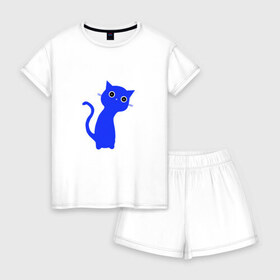 Женская пижама с шортиками хлопок с принтом Котик в Тюмени, 100% хлопок | футболка прямого кроя, шорты свободные с широкой мягкой резинкой | cat | животные | кот | котик | кошка | милград | милый | питомец | рисунок | синий кот