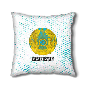 Подушка 3D с принтом KAZAKHSTAN / КАЗАХСТАН в Тюмени, наволочка – 100% полиэстер, наполнитель – холлофайбер (легкий наполнитель, не вызывает аллергию). | состоит из подушки и наволочки. Наволочка на молнии, легко снимается для стирки | flag | kazakhstan | qazaqstan | герб | захах | казахстан | кахахи | лого | нур султан | республика | символ | страна | флаг