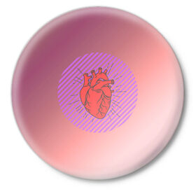Значок с принтом Сердечко на розовом фоне в Тюмени,  металл | круглая форма, металлическая застежка в виде булавки | Тематика изображения на принте: круг | любовь | неон | полосатый | розовый | сердце | сияние | фиолетовый