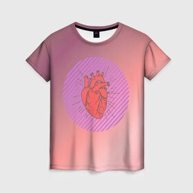 Женская футболка 3D с принтом Сердечко на розовом фоне в Тюмени, 100% полиэфир ( синтетическое хлопкоподобное полотно) | прямой крой, круглый вырез горловины, длина до линии бедер | круг | любовь | неон | полосатый | розовый | сердце | сияние | фиолетовый