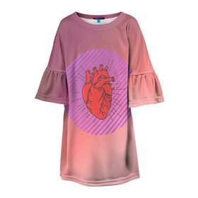 Детское платье 3D с принтом Сердечко на розовом фоне в Тюмени, 100% полиэстер | прямой силуэт, чуть расширенный к низу. Круглая горловина, на рукавах — воланы | круг | любовь | неон | полосатый | розовый | сердце | сияние | фиолетовый