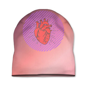 Шапка 3D с принтом Сердечко на розовом фоне в Тюмени, 100% полиэстер | универсальный размер, печать по всей поверхности изделия | круг | любовь | неон | полосатый | розовый | сердце | сияние | фиолетовый