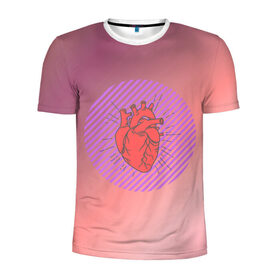 Мужская футболка 3D спортивная с принтом Сердечко на розовом фоне в Тюмени, 100% полиэстер с улучшенными характеристиками | приталенный силуэт, круглая горловина, широкие плечи, сужается к линии бедра | круг | любовь | неон | полосатый | розовый | сердце | сияние | фиолетовый