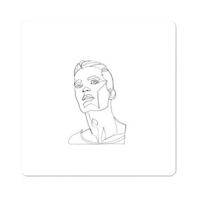 Магнит виниловый Квадрат с принтом портрет одной линией в Тюмени, полимерный материал с магнитным слоем | размер 9*9 см, закругленные углы | красавчик | лица мужчины | минимализм | мужчина | не отрывая руки | одной линией | рисунок линиями | тумблер | чб | черные линии