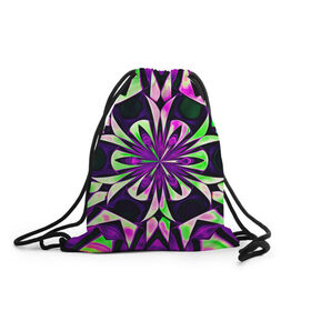 Рюкзак-мешок 3D с принтом Kaleidoscope в Тюмени, 100% полиэстер | плотность ткани — 200 г/м2, размер — 35 х 45 см; лямки — толстые шнурки, застежка на шнуровке, без карманов и подкладки | Тематика изображения на принте: abstraction | fractal | kaleidoscope | light green | pattern | purple | symmetry | абстракция | калейдоскоп | салатовый | симметрия | узор | фиолетовый | фрактал