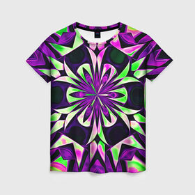 Женская футболка 3D с принтом Kaleidoscope в Тюмени, 100% полиэфир ( синтетическое хлопкоподобное полотно) | прямой крой, круглый вырез горловины, длина до линии бедер | abstraction | fractal | kaleidoscope | light green | pattern | purple | symmetry | абстракция | калейдоскоп | салатовый | симметрия | узор | фиолетовый | фрактал