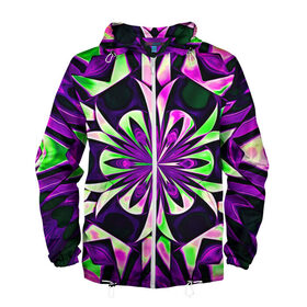 Мужская ветровка 3D с принтом Kaleidoscope в Тюмени, 100% полиэстер | подол и капюшон оформлены резинкой с фиксаторами, два кармана без застежек по бокам, один потайной карман на груди | abstraction | fractal | kaleidoscope | light green | pattern | purple | symmetry | абстракция | калейдоскоп | салатовый | симметрия | узор | фиолетовый | фрактал