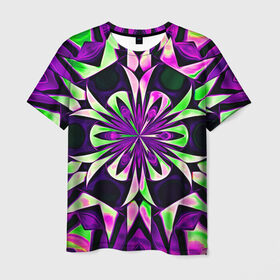 Мужская футболка 3D с принтом Kaleidoscope в Тюмени, 100% полиэфир | прямой крой, круглый вырез горловины, длина до линии бедер | abstraction | fractal | kaleidoscope | light green | pattern | purple | symmetry | абстракция | калейдоскоп | салатовый | симметрия | узор | фиолетовый | фрактал