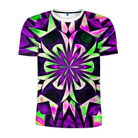 Мужская футболка 3D спортивная с принтом Kaleidoscope в Тюмени, 100% полиэстер с улучшенными характеристиками | приталенный силуэт, круглая горловина, широкие плечи, сужается к линии бедра | abstraction | fractal | kaleidoscope | light green | pattern | purple | symmetry | абстракция | калейдоскоп | салатовый | симметрия | узор | фиолетовый | фрактал