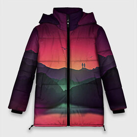 Женская зимняя куртка 3D с принтом Фиолетовый рассвет в Тюмени, верх — 100% полиэстер; подкладка — 100% полиэстер; утеплитель — 100% полиэстер | длина ниже бедра, силуэт Оверсайз. Есть воротник-стойка, отстегивающийся капюшон и ветрозащитная планка. 

Боковые карманы с листочкой на кнопках и внутренний карман на молнии | colors | закат | кровавый закат | кровавый рассвет | река между гор | цвета