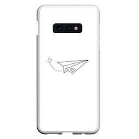 Чехол для Samsung S10E с принтом самолетик в Тюмени, Силикон | Область печати: задняя сторона чехла, без боковых панелей | белый самолетик | бумажный самолетик | минимализм | розовое сердечко | самолет | самолетик | сердечко | тумблер | чб