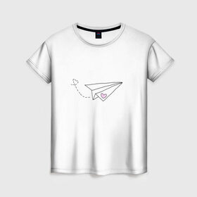 Женская футболка 3D с принтом самолетик в Тюмени, 100% полиэфир ( синтетическое хлопкоподобное полотно) | прямой крой, круглый вырез горловины, длина до линии бедер | белый самолетик | бумажный самолетик | минимализм | розовое сердечко | самолет | самолетик | сердечко | тумблер | чб