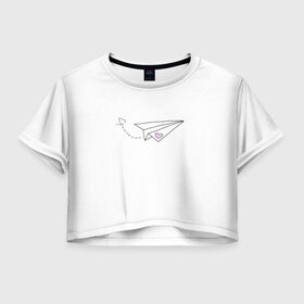 Женская футболка Crop-top 3D с принтом самолетик в Тюмени, 100% полиэстер | круглая горловина, длина футболки до линии талии, рукава с отворотами | белый самолетик | бумажный самолетик | минимализм | розовое сердечко | самолет | самолетик | сердечко | тумблер | чб