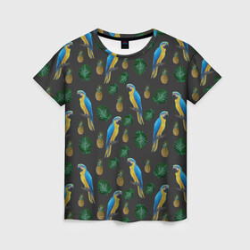Женская футболка 3D с принтом Попугай Ара в Тюмени, 100% полиэфир ( синтетическое хлопкоподобное полотно) | прямой крой, круглый вырез горловины, длина до линии бедер | ананас | ара | девушкам | животные | летнее | парням | пляжное | попугаи | природа | птицы | студентам | тропический лист | яркое