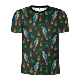 Мужская футболка 3D спортивная с принтом Попугай Ара в Тюмени, 100% полиэстер с улучшенными характеристиками | приталенный силуэт, круглая горловина, широкие плечи, сужается к линии бедра | ананас | ара | девушкам | животные | летнее | парням | пляжное | попугаи | природа | птицы | студентам | тропический лист | яркое