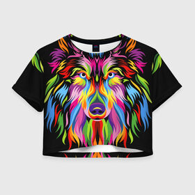 Женская футболка Crop-top 3D с принтом Neon wolf в Тюмени, 100% полиэстер | круглая горловина, длина футболки до линии талии, рукава с отворотами | color | ears | eyes | muzzle | neon | nose | paint | skin | view | wolf | взгляд | волк | глаза | краска | неон | нос | уши | цвет | шерсть