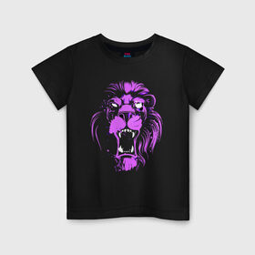 Детская футболка хлопок с принтом Neon lion в Тюмени, 100% хлопок | круглый вырез горловины, полуприлегающий силуэт, длина до линии бедер | ears | eyes | fangs | jaw | lion | mane | muzzle | neon | глаза | грива | клыки | лев | неон | пасть | уши