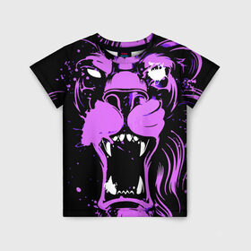 Детская футболка 3D с принтом Pink lion в Тюмени, 100% гипоаллергенный полиэфир | прямой крой, круглый вырез горловины, длина до линии бедер, чуть спущенное плечо, ткань немного тянется | ears | eyes | fangs | jaw | lion | mane | muzzle | neon | pink | глаза | грива | клыки | лев | неон | пасть | розовый | уши