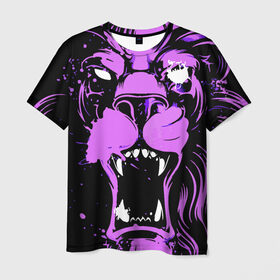 Мужская футболка 3D с принтом Pink lion в Тюмени, 100% полиэфир | прямой крой, круглый вырез горловины, длина до линии бедер | Тематика изображения на принте: ears | eyes | fangs | jaw | lion | mane | muzzle | neon | pink | глаза | грива | клыки | лев | неон | пасть | розовый | уши