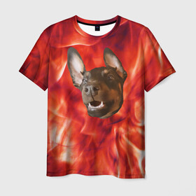 Мужская футболка 3D с принтом Огненый Пес в Тюмени, 100% полиэфир | прямой крой, круглый вырез горловины, длина до линии бедер | голова | горячий | горящий | доберман | животное | зверек | зверь | зубы | клык | красный | лицо | овчарка | огонь | пес | пламя | рот | ротвейлер | свет | собака | удивленный | улыбка | щенок