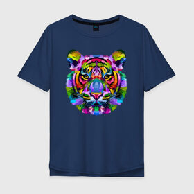 Мужская футболка хлопок Oversize с принтом Color tiger в Тюмени, 100% хлопок | свободный крой, круглый ворот, “спинка” длиннее передней части | color | ears | eyes | muzzle | neon | tiger | vanguard | view | авангард | взгляд | глаза | неон | тигр | уши | цвет