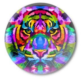 Значок с принтом Neon tiger в Тюмени,  металл | круглая форма, металлическая застежка в виде булавки | color | ears | eyes | muzzle | neon | tiger | vanguard | view | авангард | взгляд | глаза | неон | тигр | уши | цвет