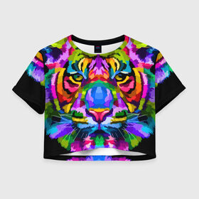 Женская футболка Crop-top 3D с принтом Neon tiger в Тюмени, 100% полиэстер | круглая горловина, длина футболки до линии талии, рукава с отворотами | color | ears | eyes | muzzle | neon | tiger | vanguard | view | авангард | взгляд | глаза | неон | тигр | уши | цвет