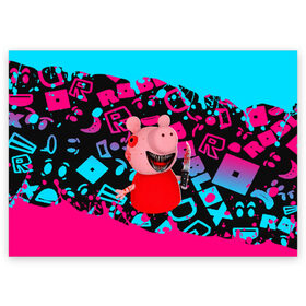 Поздравительная открытка с принтом Roblox piggy/Свинка Пигги в Тюмени, 100% бумага | плотность бумаги 280 г/м2, матовая, на обратной стороне линовка и место для марки
 | Тематика изображения на принте: game | piggy | roblox | блок | игра | игрушка | лего | майнкрафт | персонажи | персонажи из кубиков | пигги | роблокс | робот | свинка