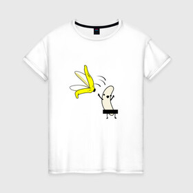 Женская футболка хлопок с принтом Зрелый Банан в Тюмени, 100% хлопок | прямой крой, круглый вырез горловины, длина до линии бедер, слегка спущенное плечо | банан | веселый | желтый | кожура | ниже пояса | нудист | прикол | рисунок | фрукт | юмор