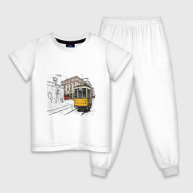 Детская пижама хлопок с принтом Белый и желтый поезд в Тюмени, 100% хлопок |  брюки и футболка прямого кроя, без карманов, на брюках мягкая резинка на поясе и по низу штанин
 | Тематика изображения на принте: белый и желтый поезд | город | дорога | трамвай | транспорт | улица