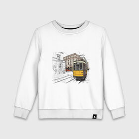 Детский свитшот хлопок с принтом Белый и желтый поезд в Тюмени, 100% хлопок | круглый вырез горловины, эластичные манжеты, пояс и воротник | Тематика изображения на принте: белый и желтый поезд | город | дорога | трамвай | транспорт | улица