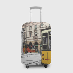 Чехол для чемодана 3D с принтом Белый и желтый поезд в Тюмени, 86% полиэфир, 14% спандекс | двустороннее нанесение принта, прорези для ручек и колес | Тематика изображения на принте: белый и желтый поезд | город | дорога | трамвай | транспорт | улица